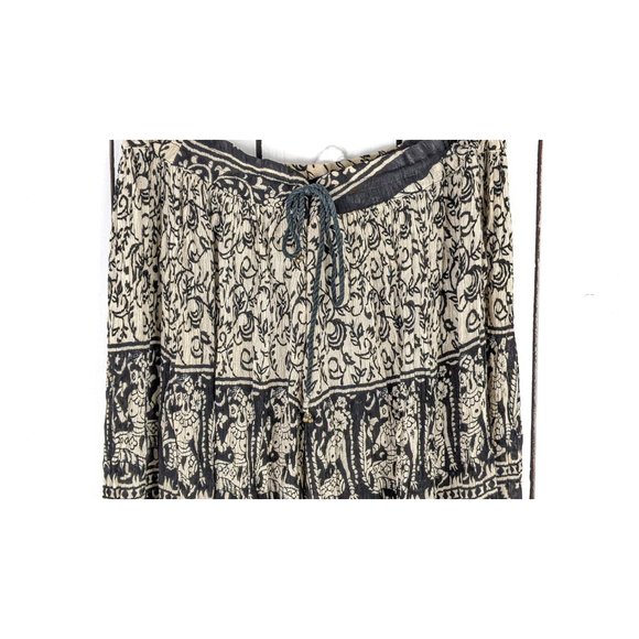 Vintage black beige floral Indian print boho crinkle gauzy stretch waist skirt - Picture 3 of 5